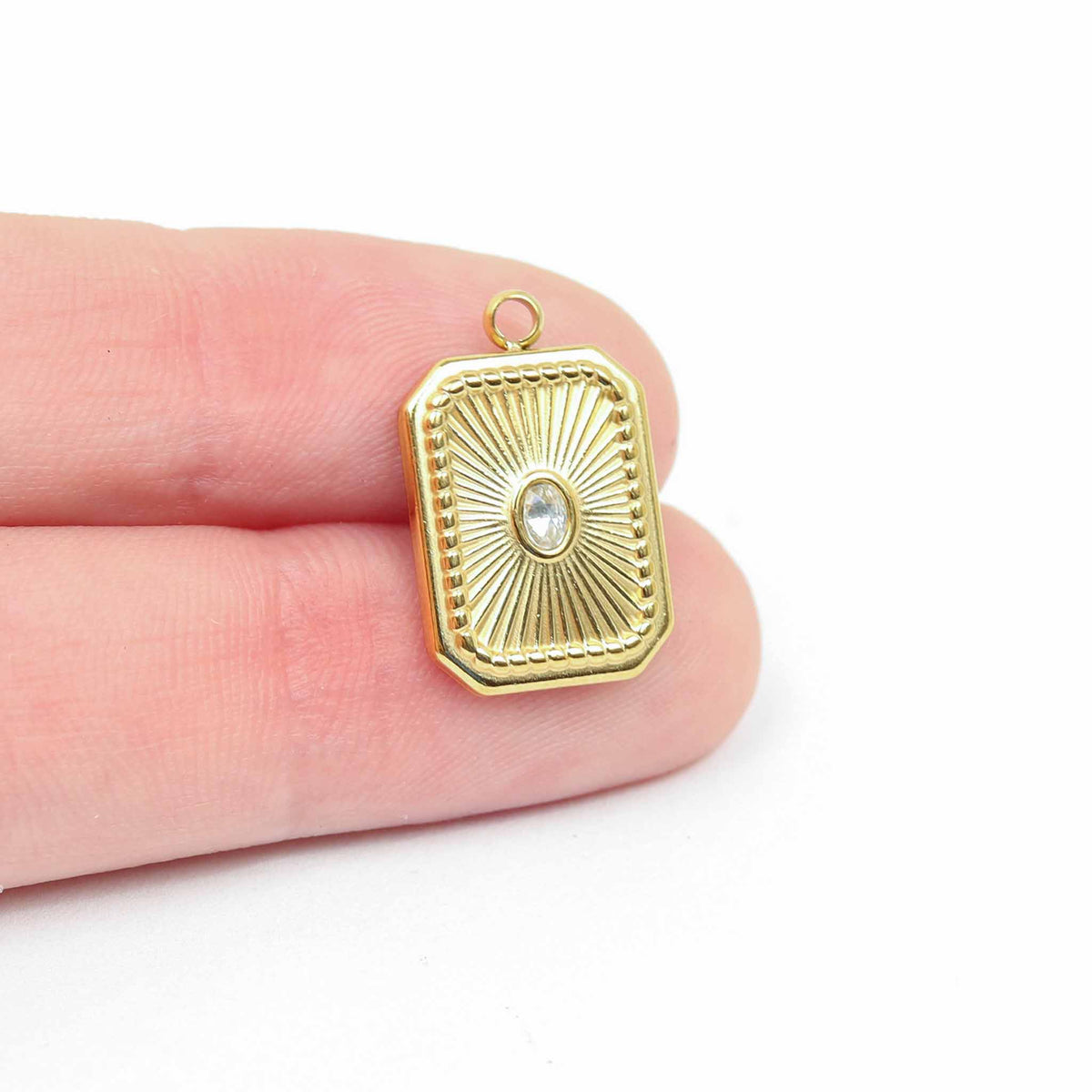 18K Gold PVD Rectangle Sunburst Crystal Charm: Stainless